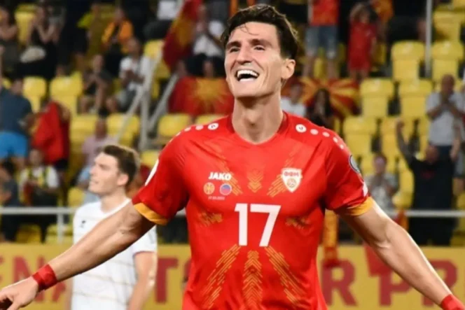 
Penyerang Timnas Makedonia Utara Lirim Qamili merayakan keberhasilannya mencetak gol ke gawang Timnas Lichtenstein. Dok. Istimewa