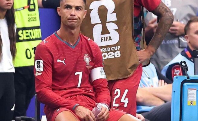 Pemain Portugal Cristiano Ronaldo (CR7) usai kalah 0-1 dari Spanyol dalam babak 16 besar Piala Dunia 2026, di Atlanta Stadium, Amerika Serikat, Selasa, 7 Juli 2026, dini hari WIB.