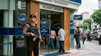 Ilustrasi AI salah satu cabang Bank Mandiri Tangerang dijaga pihak kepolisian.